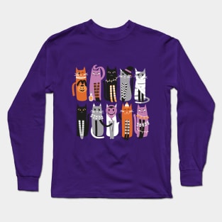 High Gothic Halloween Cats // print // purple background orange grey purple white and black kittens Long Sleeve T-Shirt